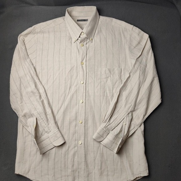 Canali Shirt Mens Large Beige Green Windowpane Button Down Linen Made in Italy - Picture 2 of 13
